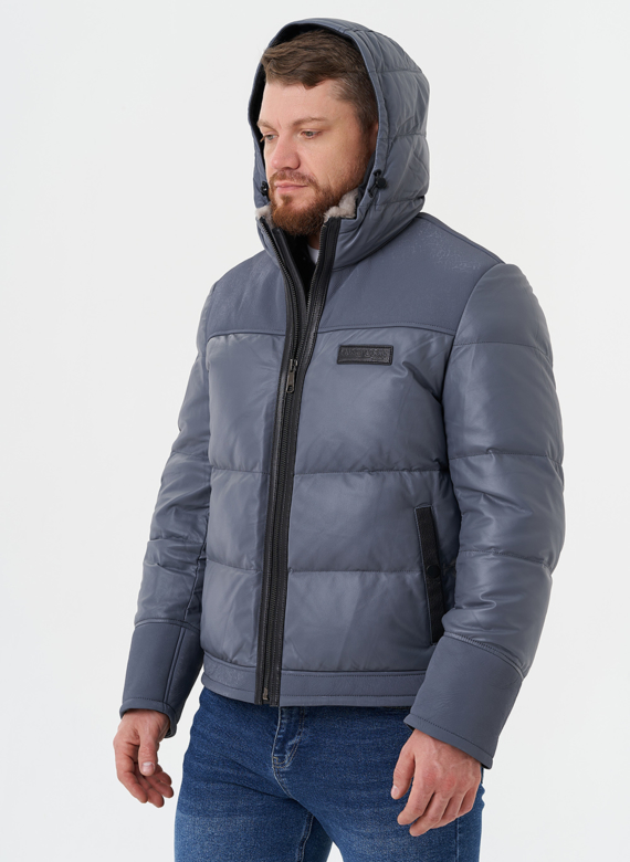 Пуховик из натуральной кожи с капюшоном