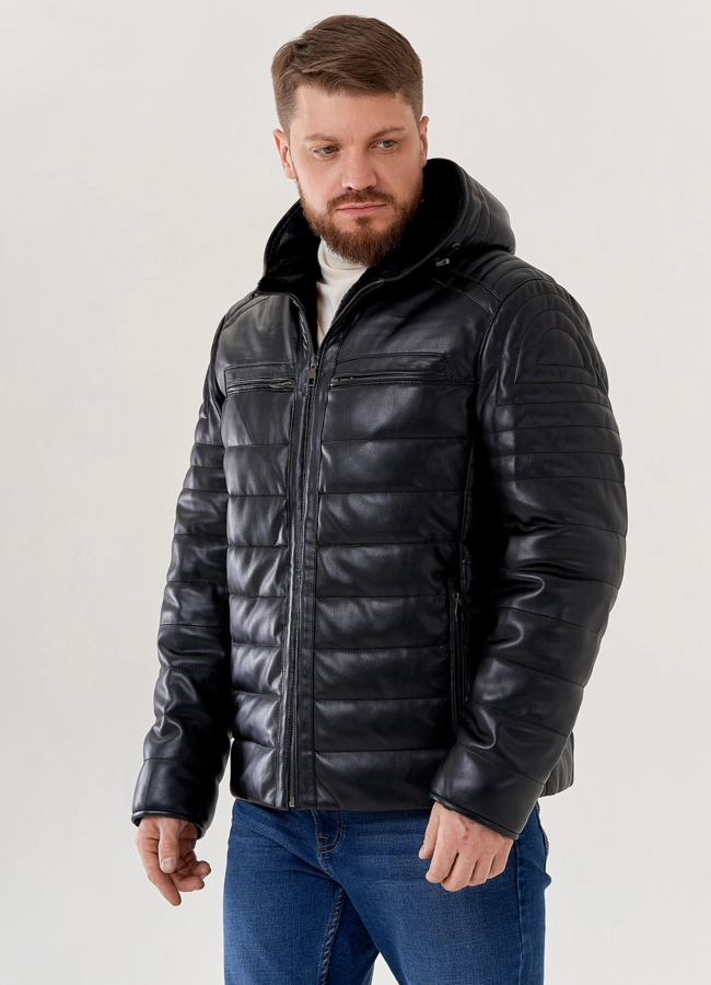 Мужская куртка из эко кожи с капюшоном  модель № 79604 меха малина
