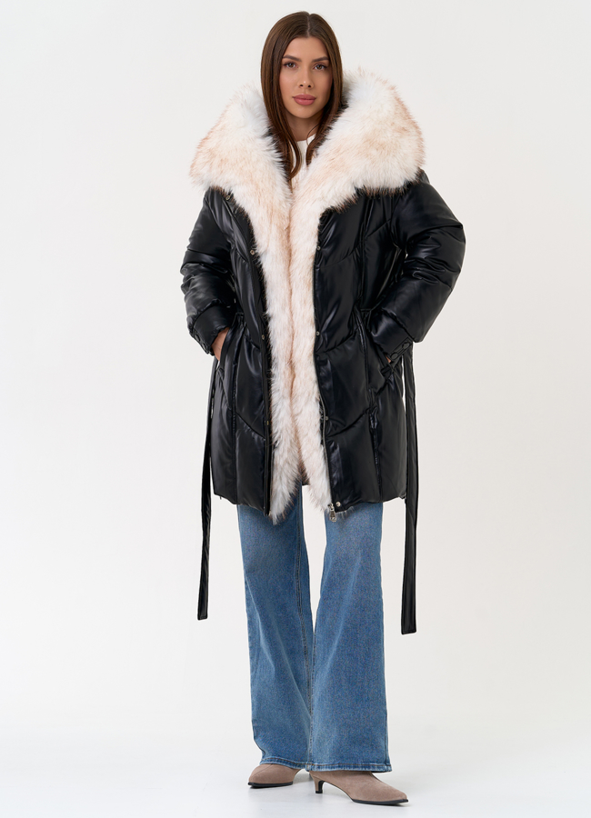 Женский пуховик из эко кожи с отделкой из эко меха модель № 30735 универмаг малина