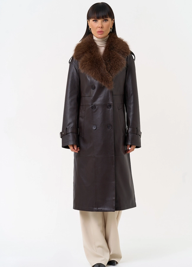 Женское утепленное пальто из экокожи с воротником из эко меха модель № 30704 универмаг малина