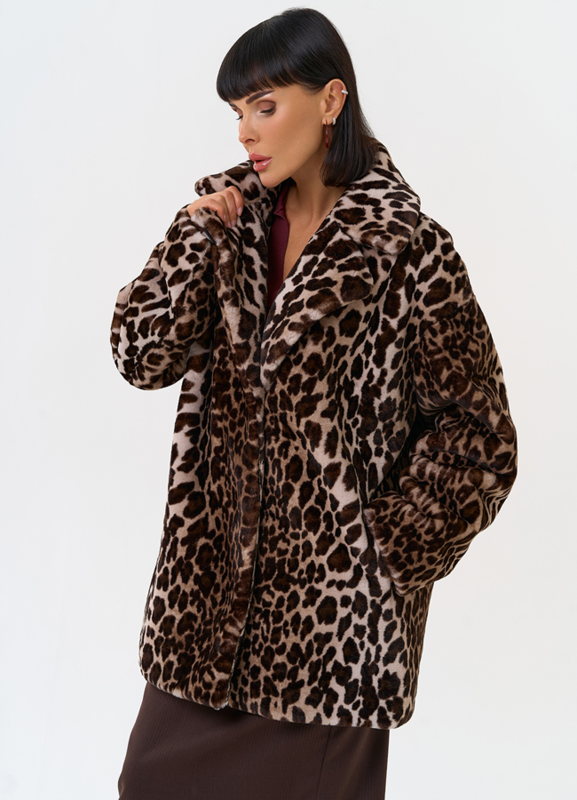 Женская шуба из эко меха с анималистическим принтом модель № 31278 в рассрочку