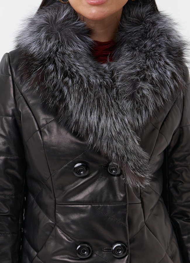 Кожаный пуховик с мехом из чернобурки модель № 29406 в рассрочку
