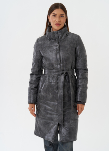 Пуховик из эко кожи с поясом