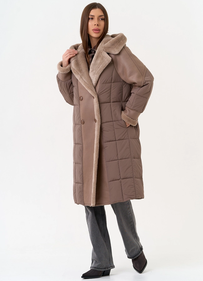 Комбинированный пуховик из эко кожи модель № 31693 универмаг малина
