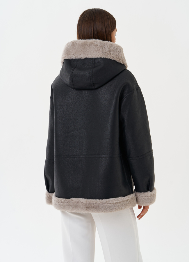 Женская эко дубленка с капюшоном модель № 27760 универмаг малина