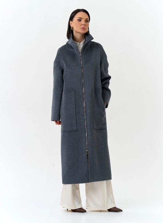 Женское длинное пальто с воротником стойкой фото
