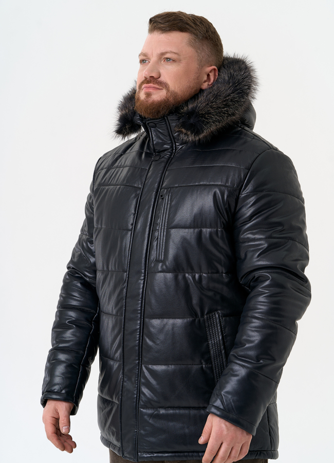 фото Пуховик из эко кожи с капюшоном из меха енота модель № 22072