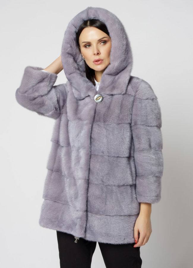 Шуба из норки с капюшоном и кулиской голубого цвета модель № 29121 универмаг малина