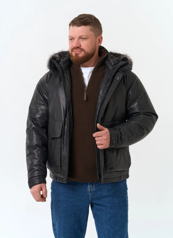 Мужской пуховик из натуральной кожи с мехом енота на капюшоне фото