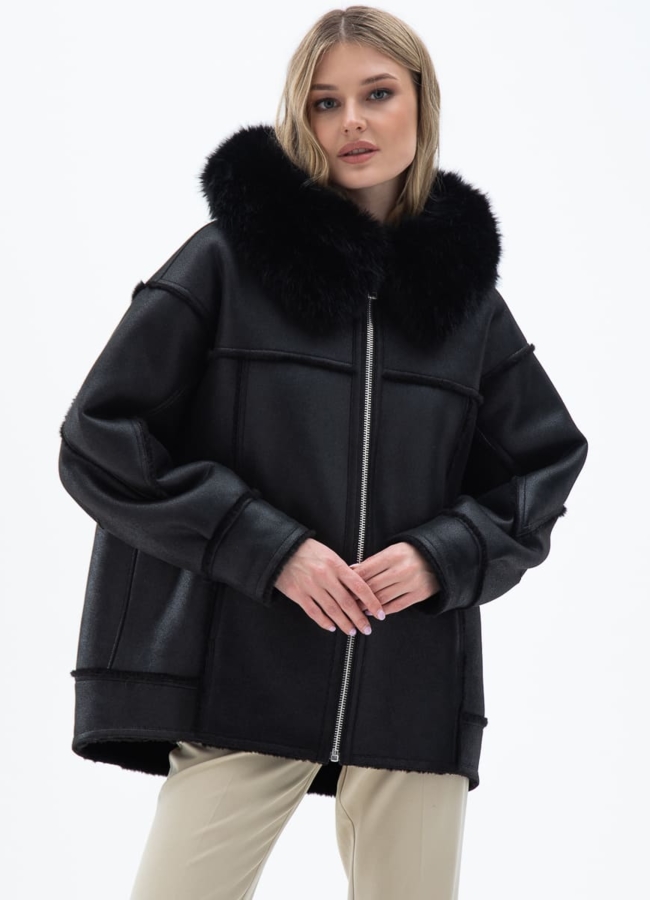 Женская дубленка из эко кожи с капюшоном модель № 32020 меха малина