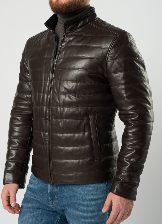 Мужская  утепленная куртка из натуральной кожи коричневого цвета модель № 20551 универмаг малина