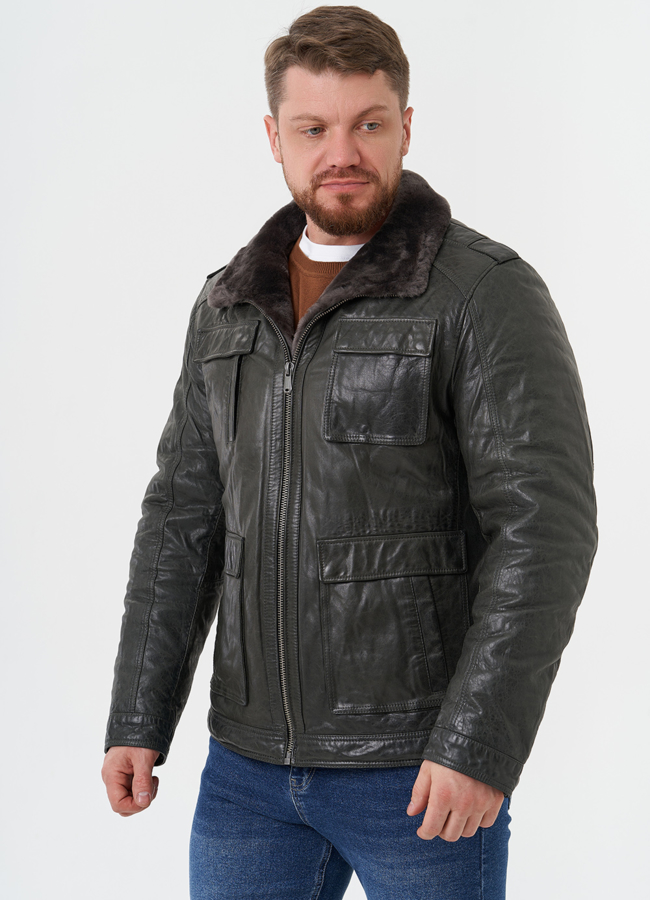Мужская утепленная кожаная куртка  модель № 28074 в рассрочку