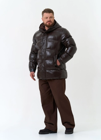 Мужской пуховик из эко кожи с капюшоном фото