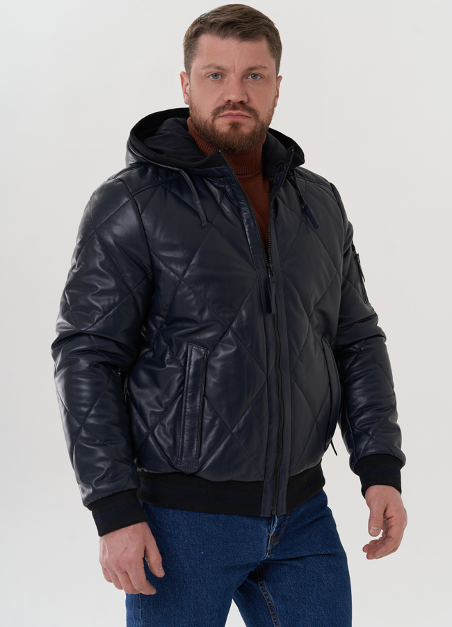 Куртка из натуральной кожи синего цвета модель № 26698 меха малина