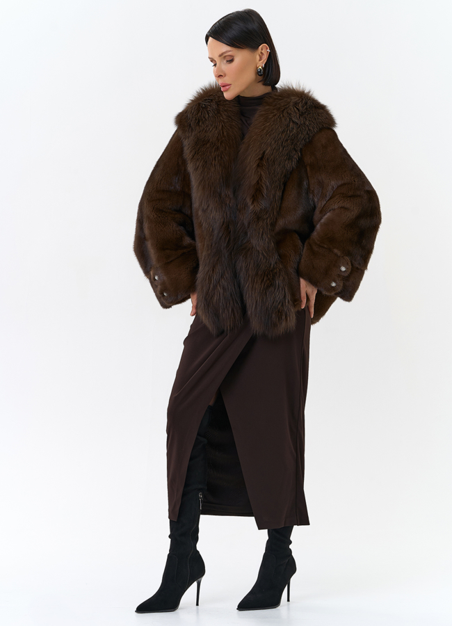 Шуба из норки с отделкой из меха чернобурки модель № 32030 универмаг малина