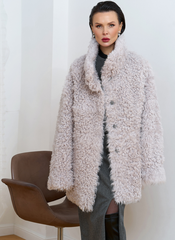 Женская двухсторонняя дубленка с воротником стойкой