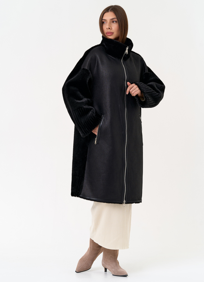 фото Женская двухсторонняя дубленка из эко замши с воротником стойкой модель № 31412