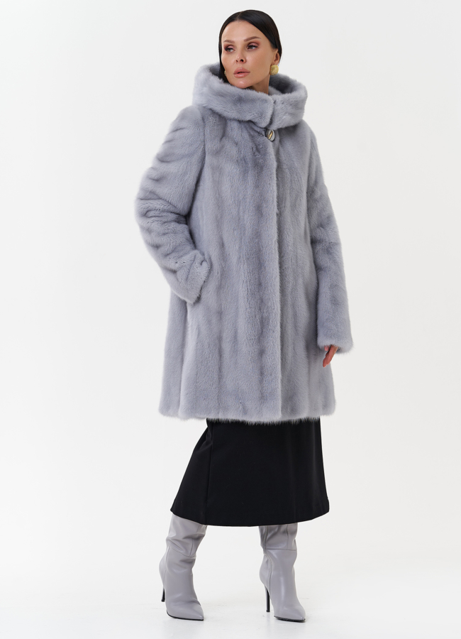 Женская шуба из меха норки с капюшоном модель № 29230 меха малина