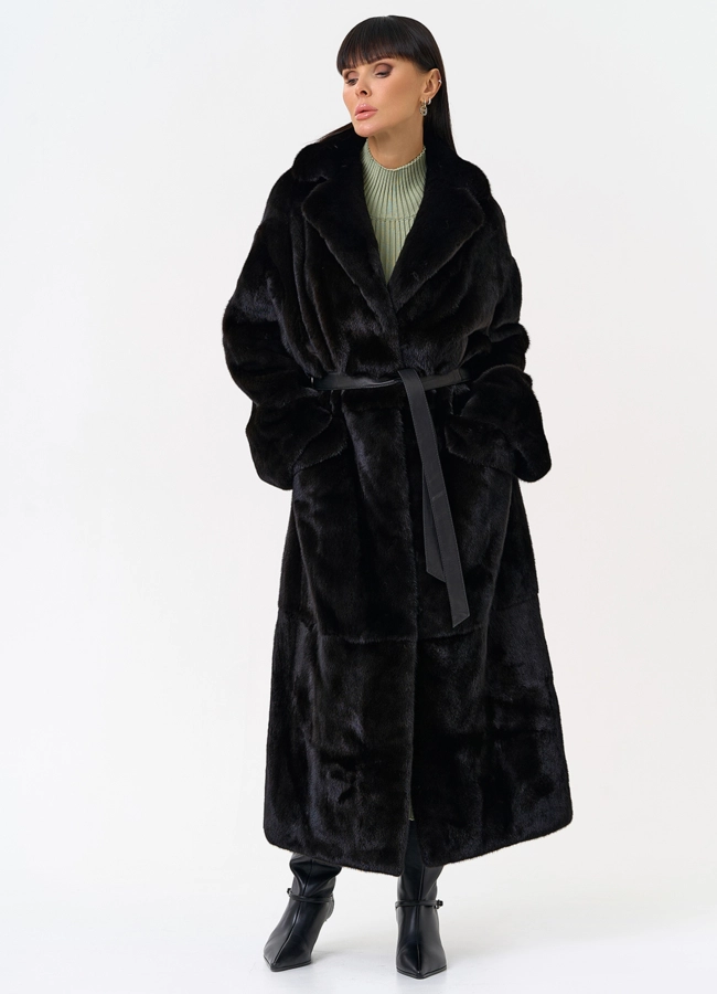 Длинная шуба из меха норки blackglama с поясом модель № 31636 универмаг малина