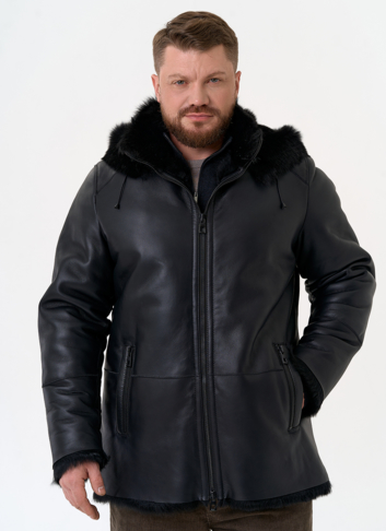 Мужская дубленка черного цвета с капюшоном