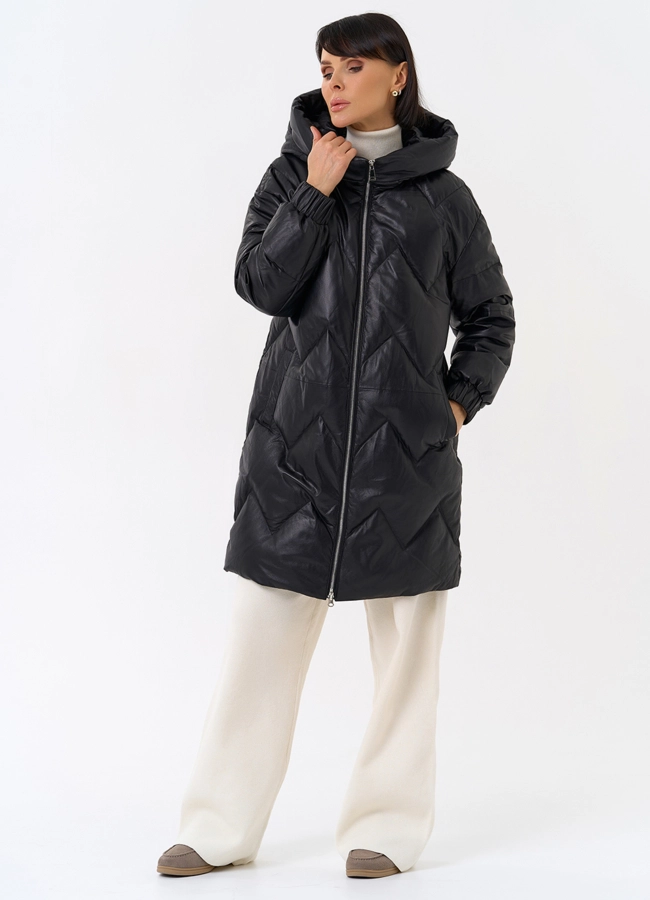 Длинный пуховик из кожи модель № 31215 универмаг малина фото