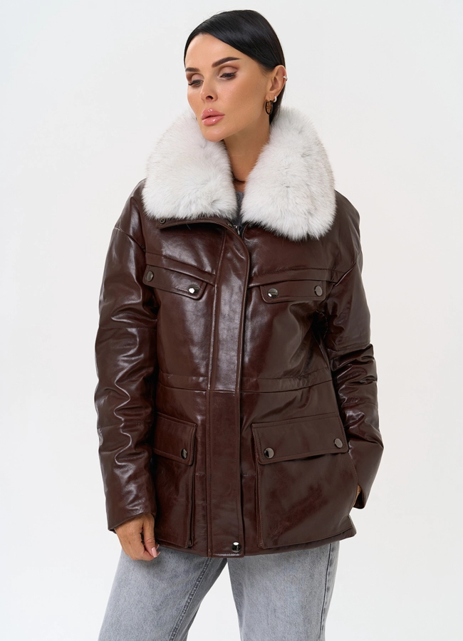Коричневый кожаный пуховик модель № 31570 универмаг малина фото