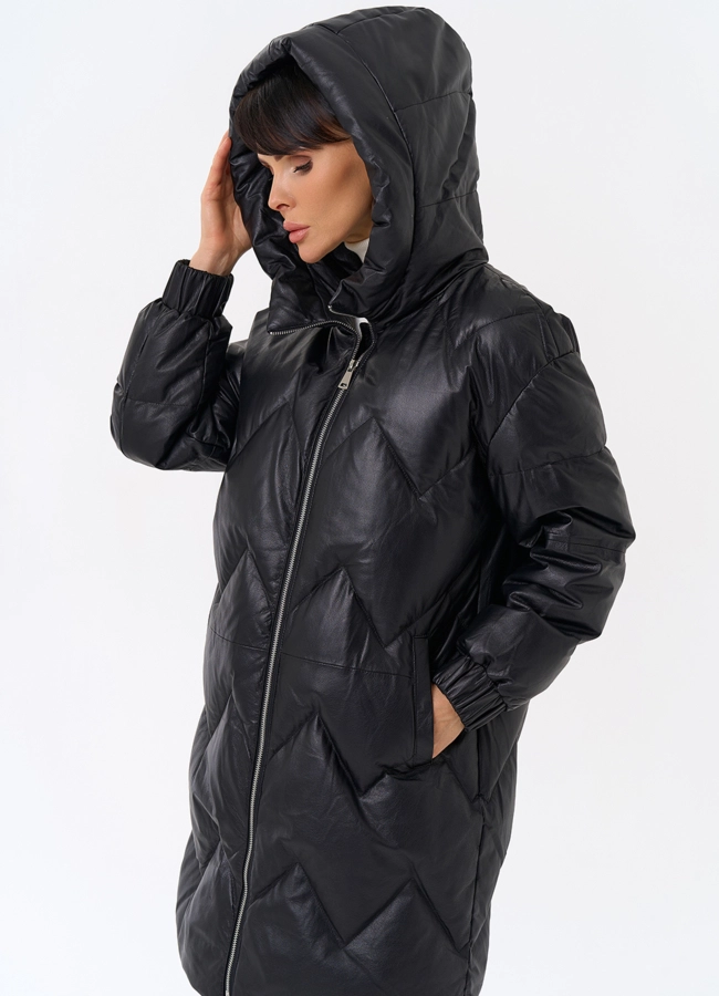 Длинный пуховик из кожи модель № 31215 универмаг малина фото